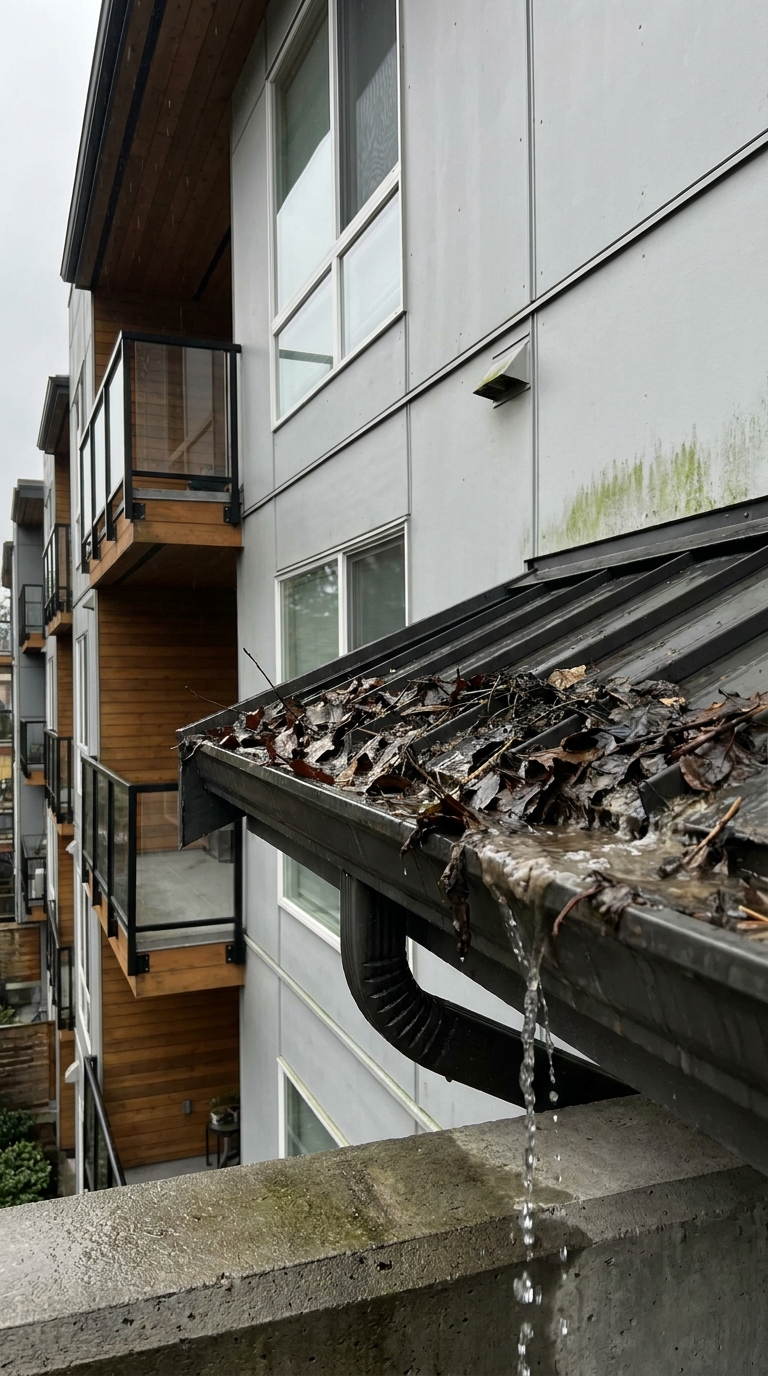 eine Fassade eines Wohnhauses mit überlaufender Regenrinne nach einen heftigen Herbststurm