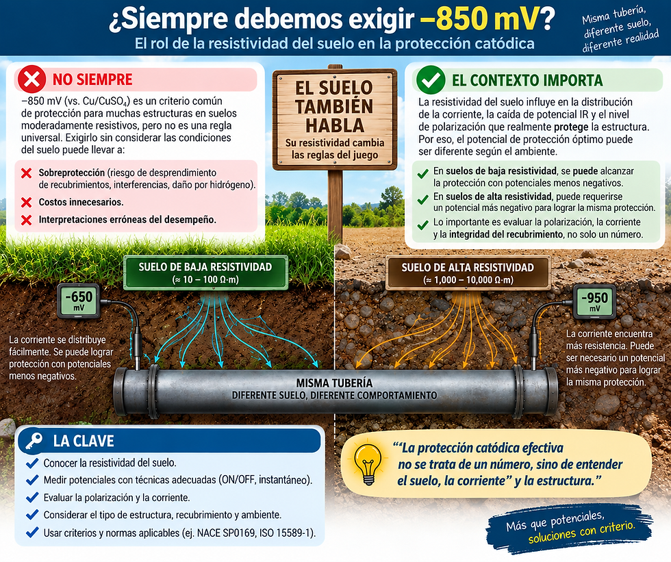 ¿Siempre debemos exigir –850 mV? El rol de la resistividad del suelo en la protección catódica