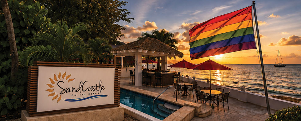 HöN Magazine editorial travel feature showcasing Sand Castle on the Beach in St. Croix, U.S. Virgin Islands, at sunset with a Pride flag overlooking the Caribbean Sea, celebrating island culture, LGBTQ+ inclusion, queer-owned hospitality, and the vibrant annual St. Croix Pride festivities.