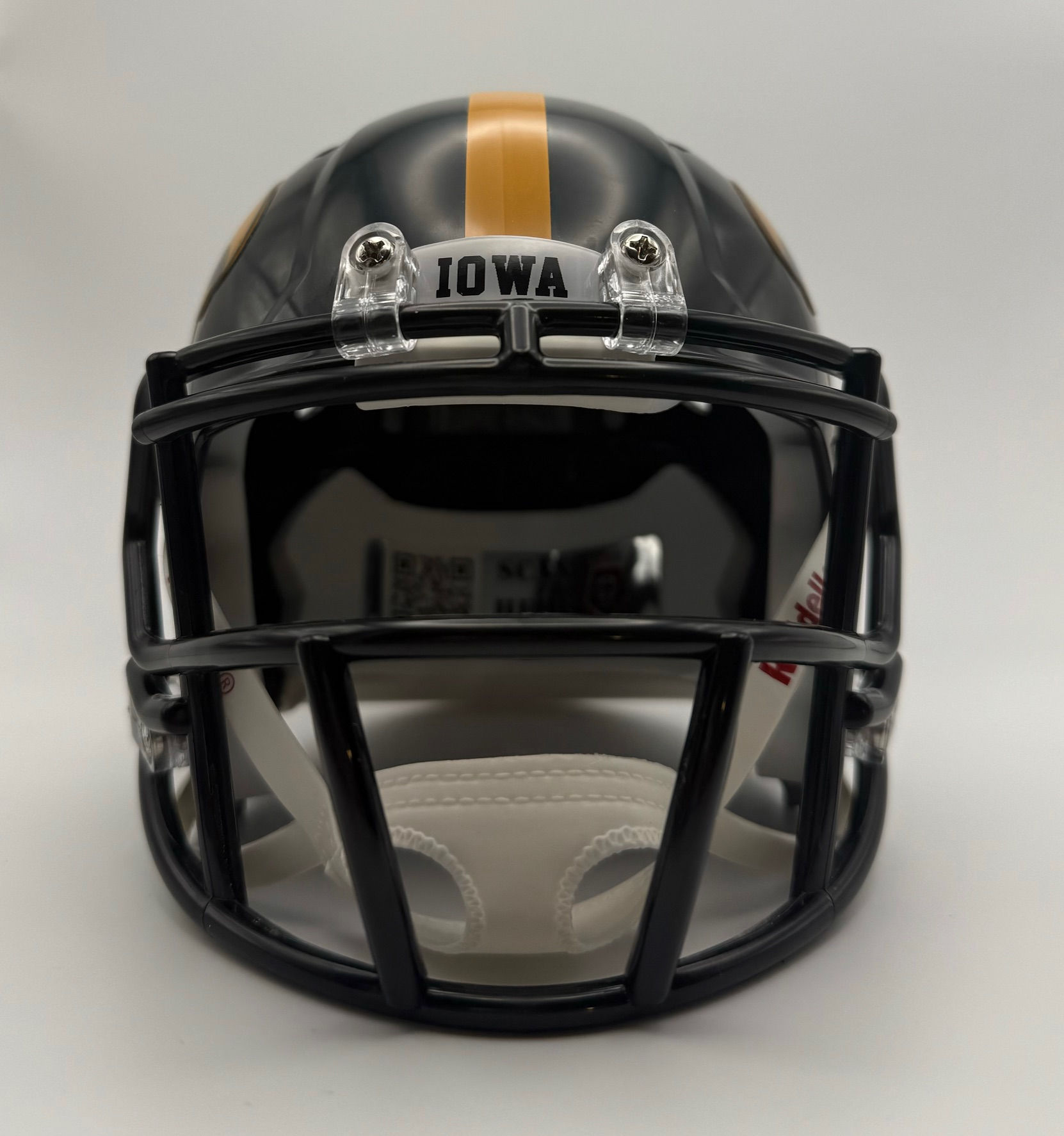 White Mini Front Football Helmet Decal with IOWA in Black