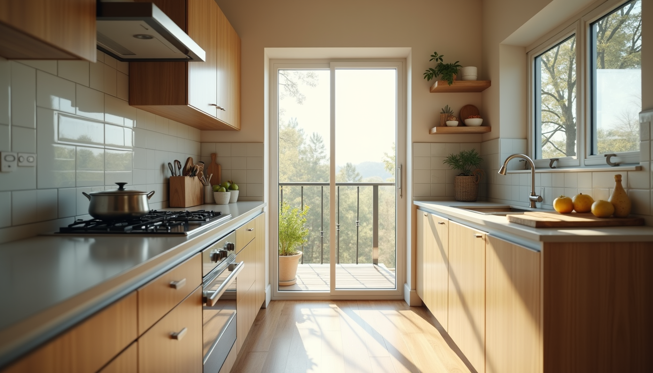 High angle view of small kitchen with natural light and reflective surfaces