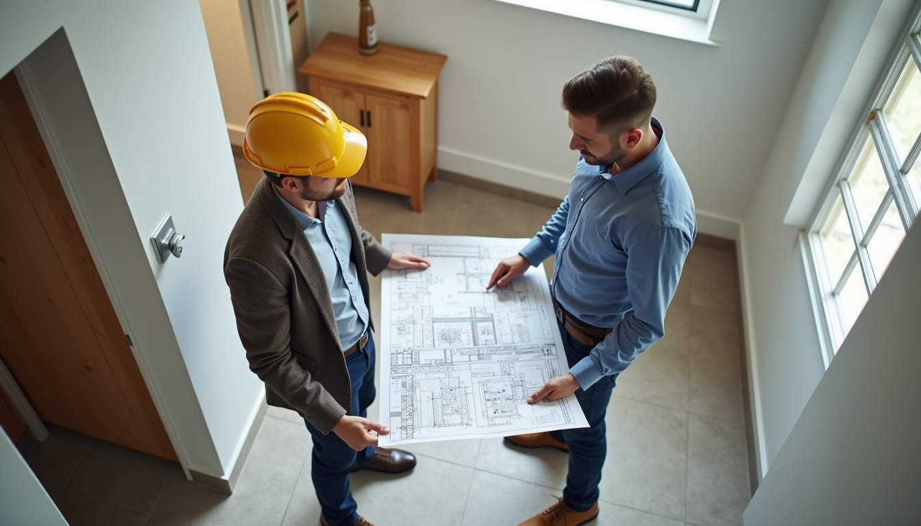 High angle view of a contractor reviewing bathroom renovation plans with a client