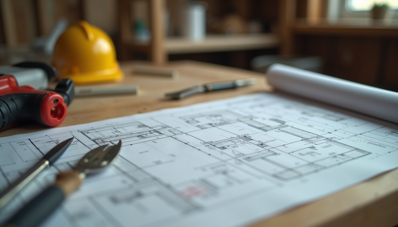 Close-up view of construction tools and blueprints on a workbench