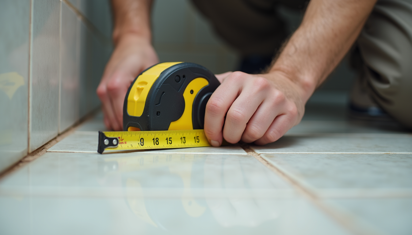 Close-up view of a contractor measuring bathroom tiles during renovation