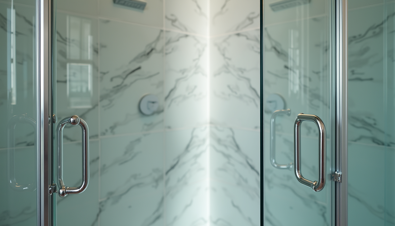Close-up view of a walk-in shower with glass doors and modern tiles