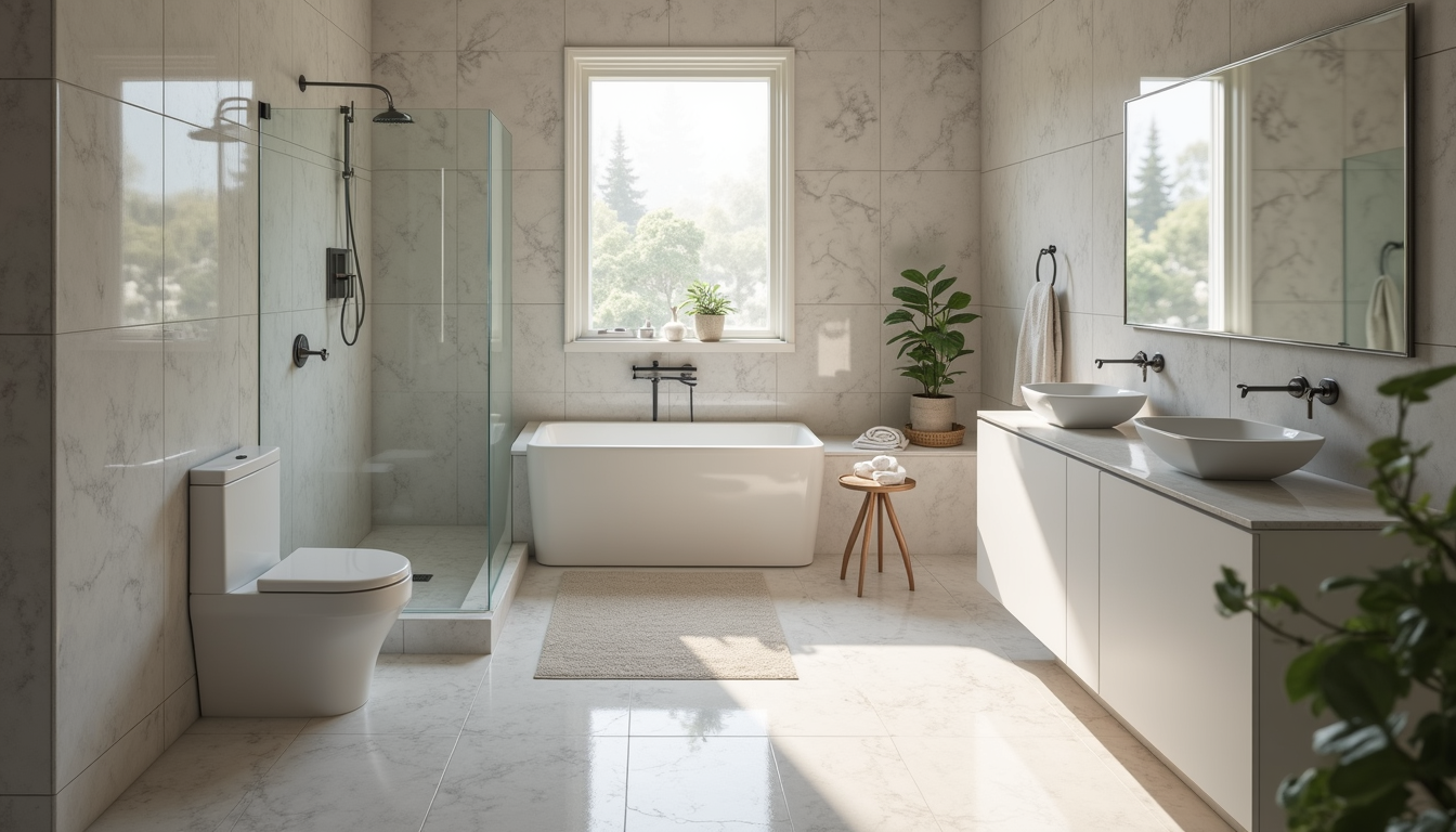 High angle view of a renovated bathroom with tiled shower and modern fixtures
