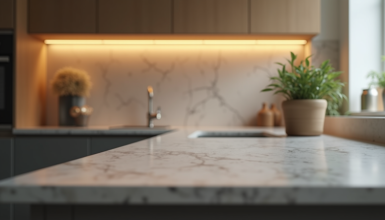 Close-up view of a kitchen countertop with task lighting and reflective backsplash