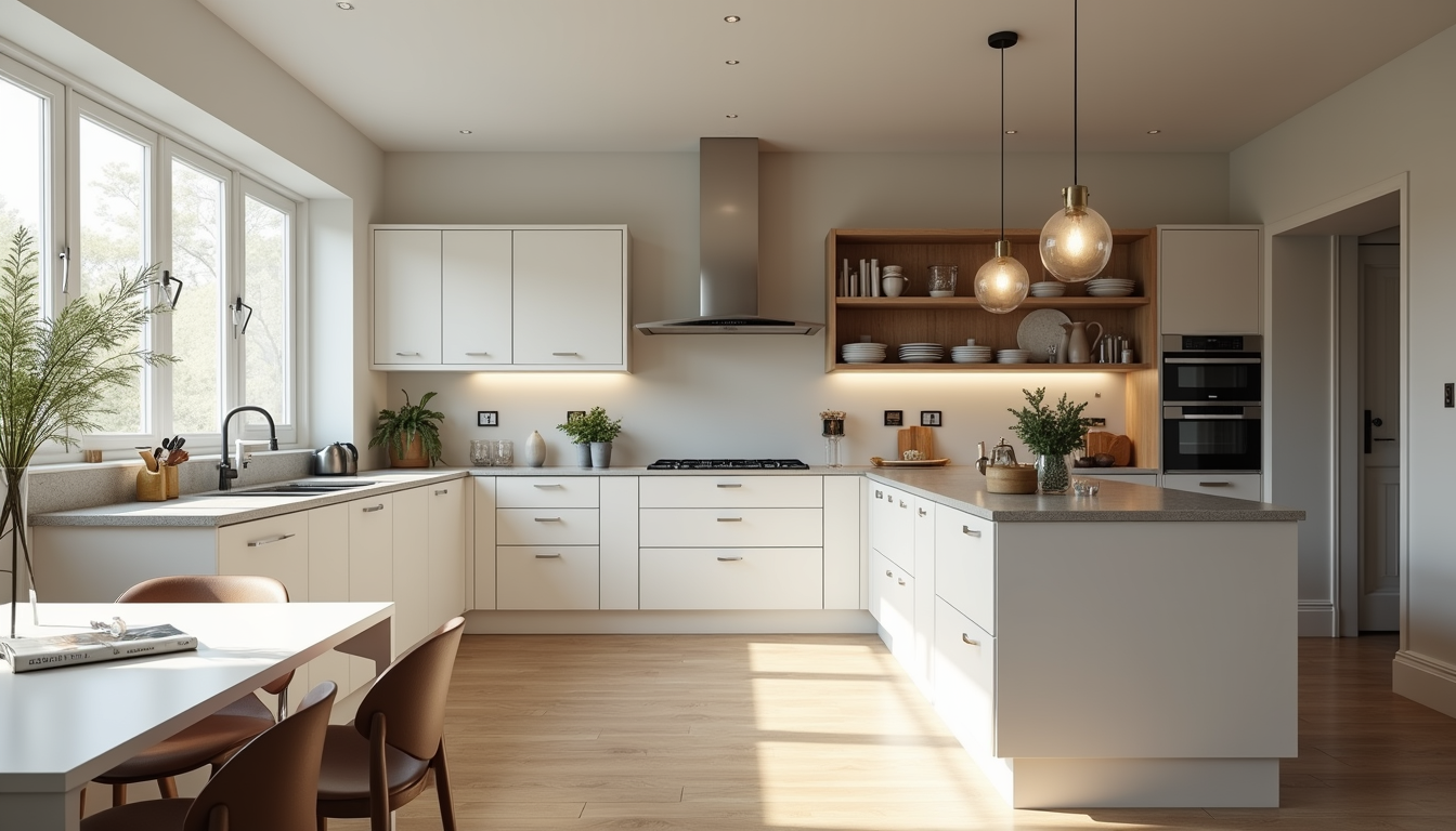 High angle view of a small kitchen with L-shaped layout and peninsula counter