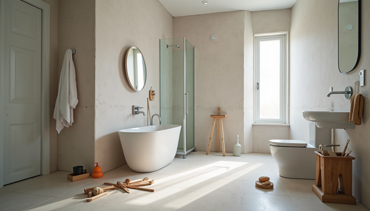 Eye-level view of a modern bathroom under renovation with tools and materials neatly arranged