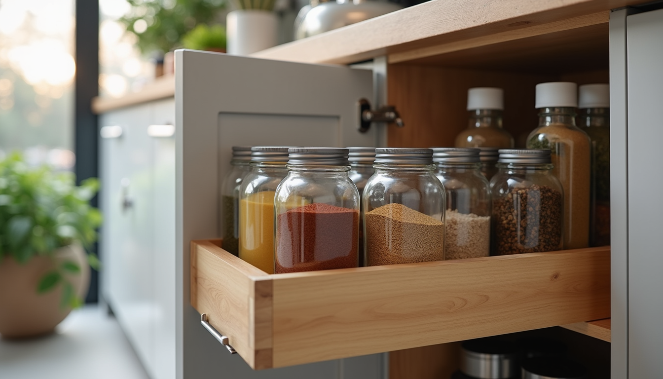Close-up view of pull-out kitchen cabinet organizer with spices and utensils