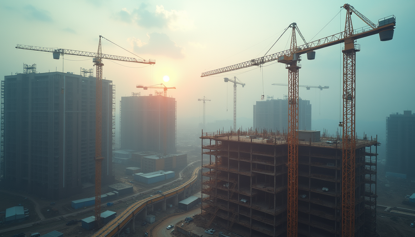 High angle view of a construction site with cranes and building framework