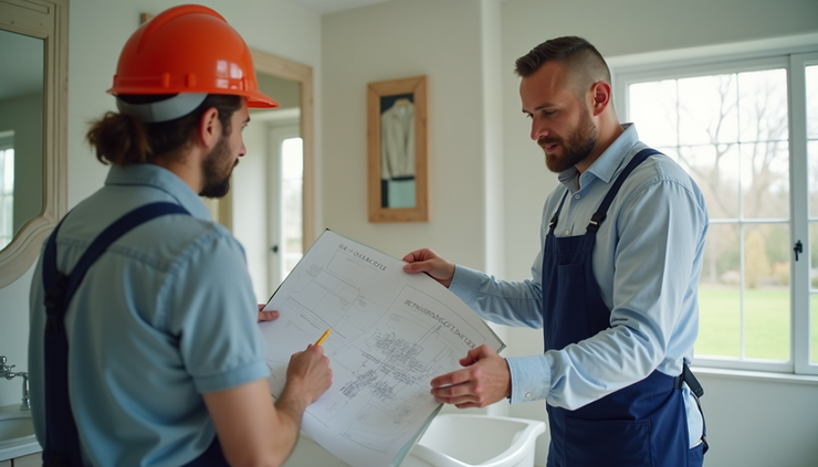 Close-up view of a contractor discussing bathroom design plans with a homeowner