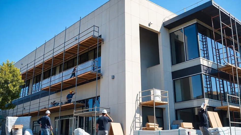 Workers on scaffolding around a modern building under construction, with glass windows, wood planks, and blue sky.