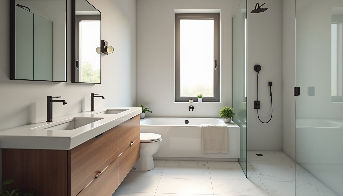High angle view of a completed bathroom remodel with new vanity, lighting, and tile flooring