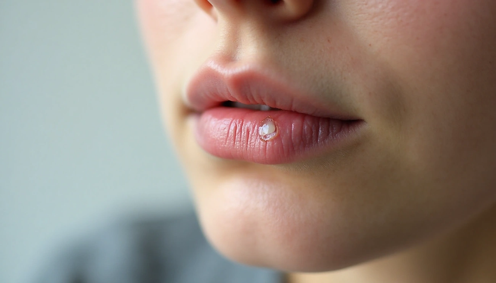 Close-up of lips with a cold sore on the lower lip. Skin is clean and smooth, with a neutral expression and soft lighting.