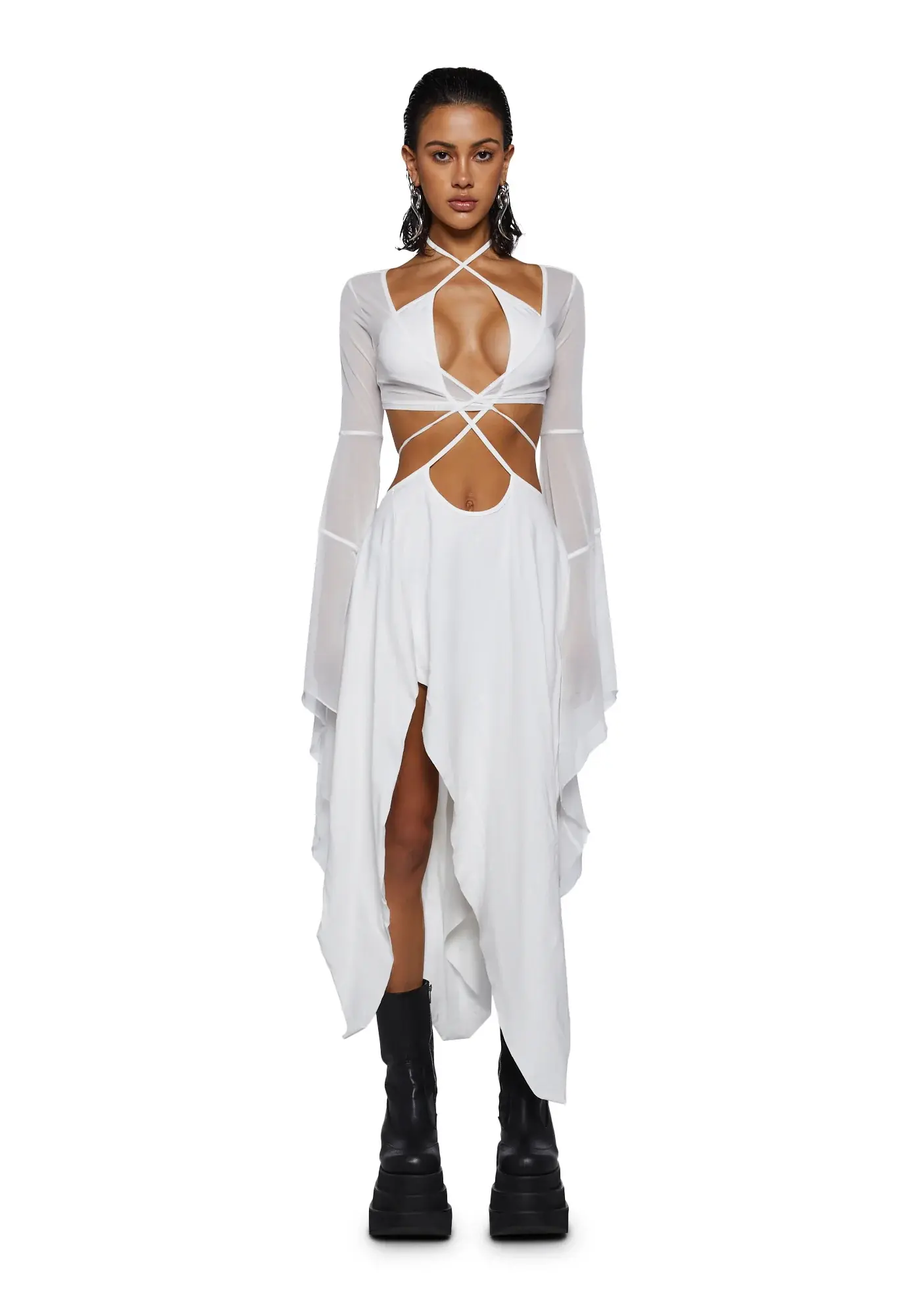 ECHO ASYMMETRICAL MESH WRAP DRESS