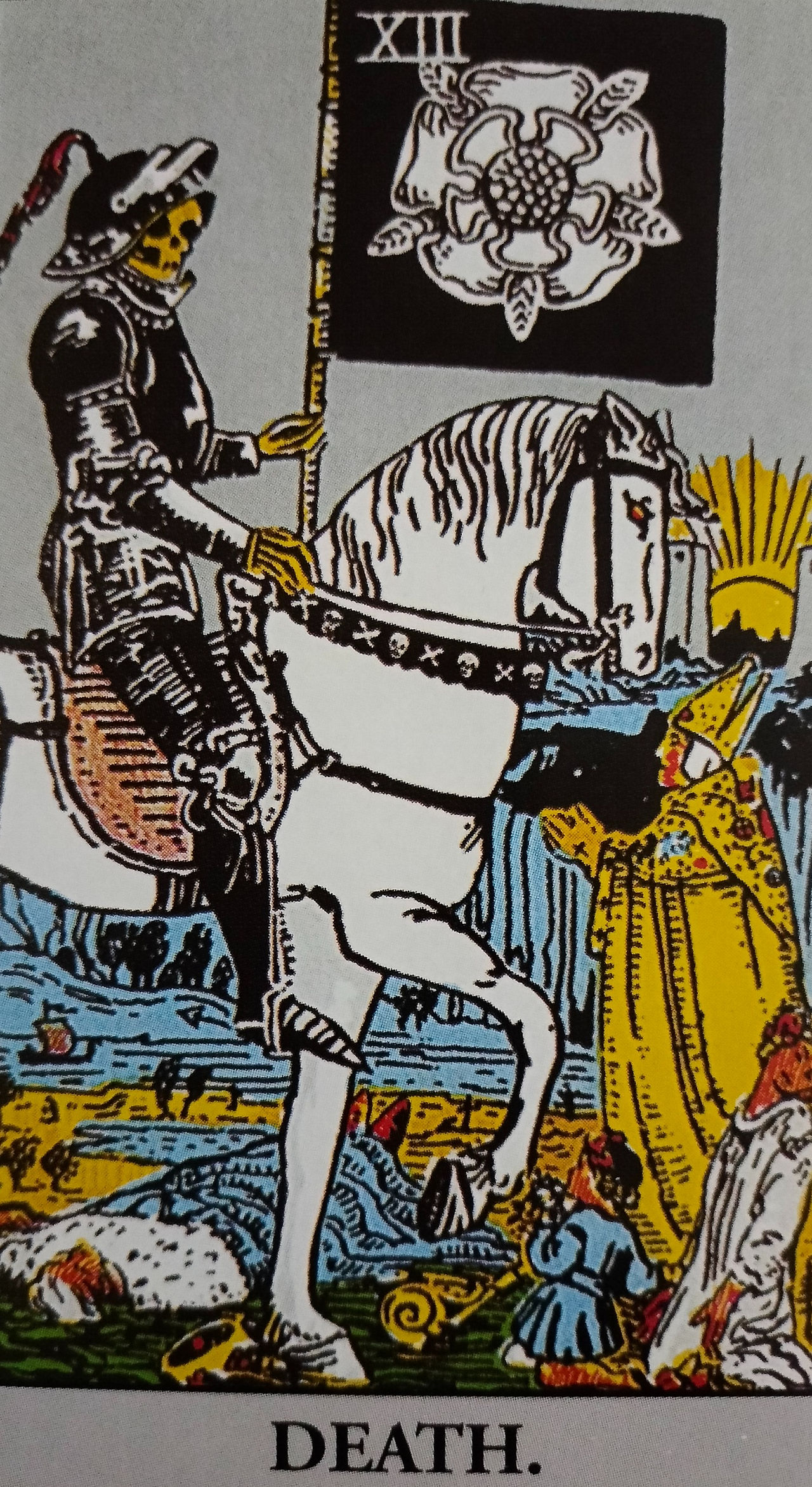 Tarot image of the Death card with a skeleton on horseback, representing transformation, closure, and life cycles.