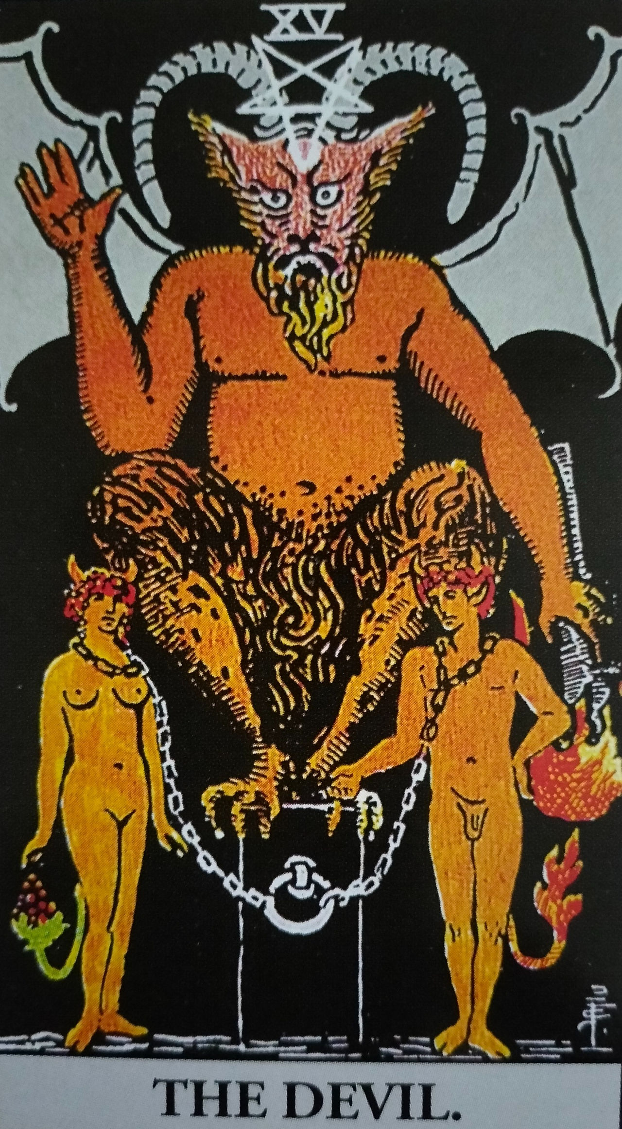 Tarot image of The Devil card showing chained figures, symbolizing addiction, manipulation, and unconscious control.