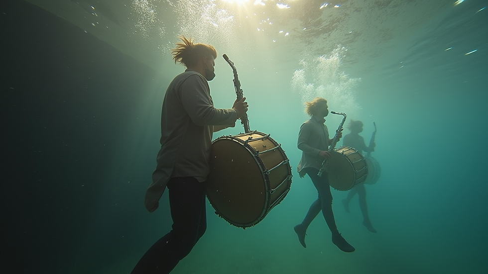 Vue en plongée d'un ensemble de musiciens balkanique jouant du tambura et de la clarinette