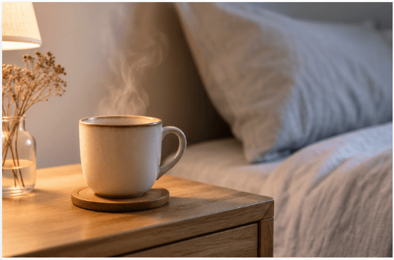Tasse de thé sur une table de nuit dans une chambre lumineuse, évoquant un moment de calme et de détente.