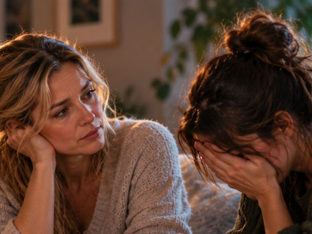 Femme d'une quarantaine d'années réconfortant une amie en pleurs sur un canapé, illustrant la tendance à se sentir responsable des émotions des autres.