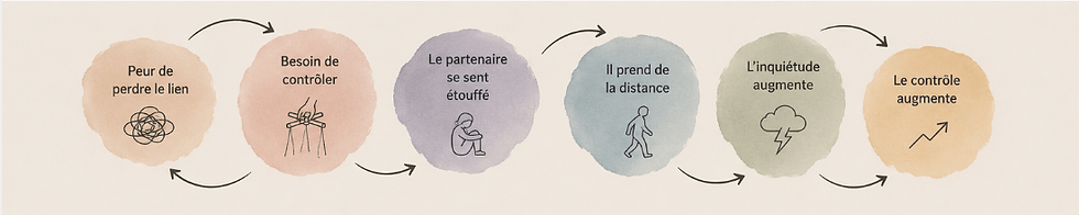 Schéma illustrant le cercle vicieux du besoin de contrôle dans le couple, depuis la peur de perdre le lien jusqu'à l'augmentation du contrôle.