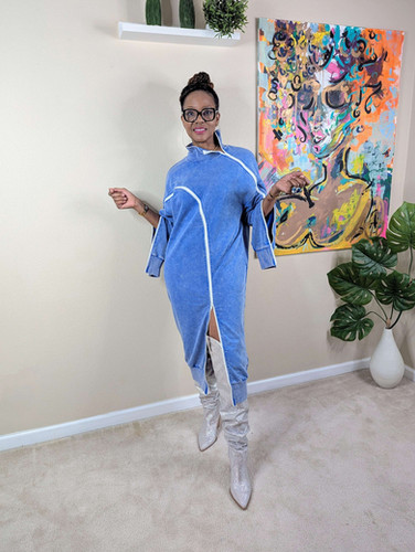 blue white striped linen dress SwimZip Women's Long Sleeve Swim Dress Cover Up
