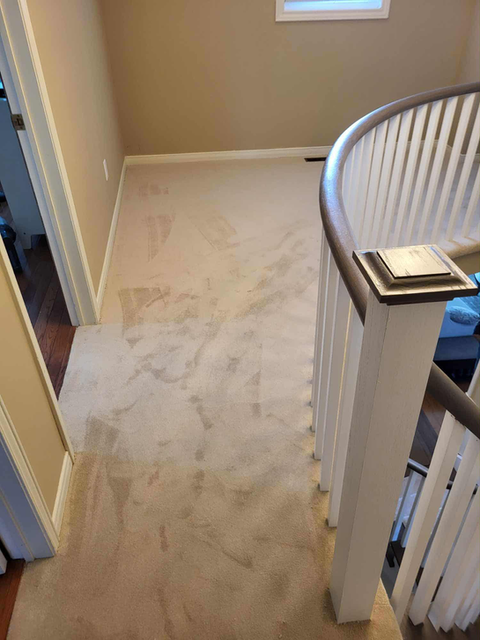 new carpet installed on upstairs floor around curved banister