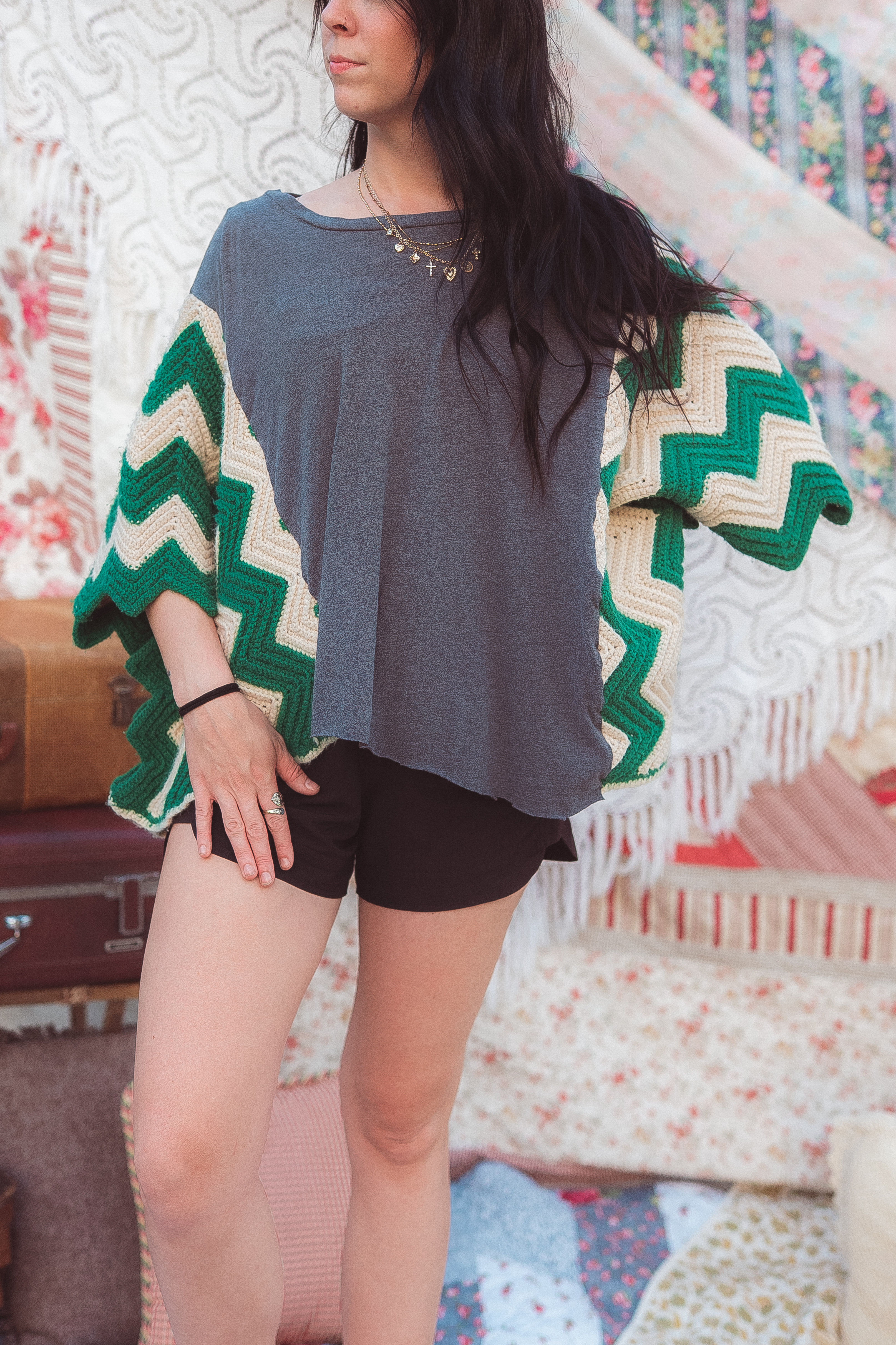 Butterfly Crochet Poncho Top | Gray + Green