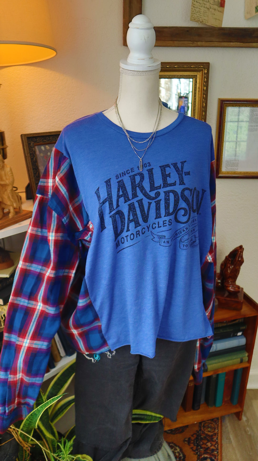 Thumbnail: Harley Davidson Tshirt Upcycled Flannel Sleeve