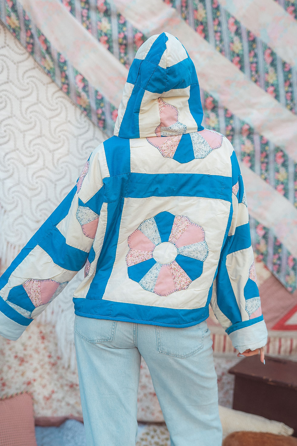 Thumbnail: Novelty Circle Pink & Blue Quilt Hoodie