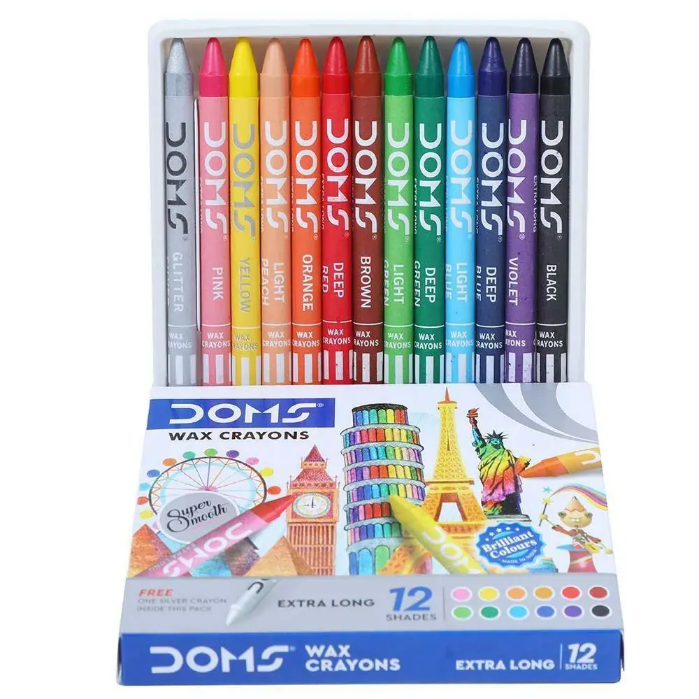 DOMS Non-Toxic Triangle Extra Long Wax Crayons Set in Cardboard Box (12+1)