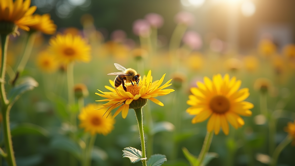 Eye-level view of a bee-friendly garden with flowering plants