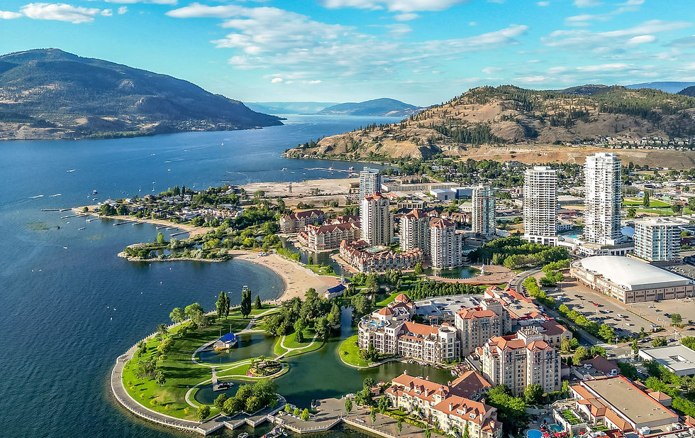 Kelowna city Okanagan floating bridge aerial city lake river water bridge sunrise sunset b