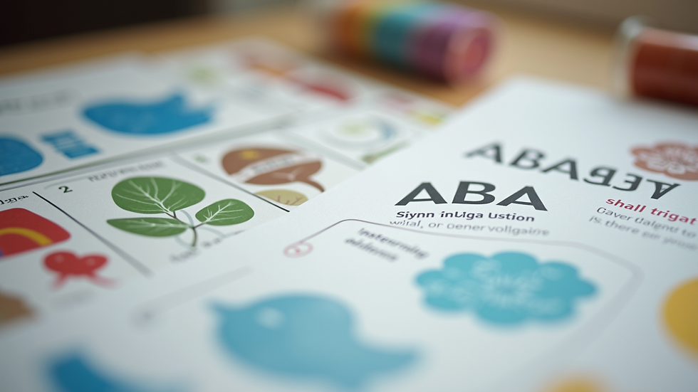 Close-up view of ABA therapy materials and visual aids