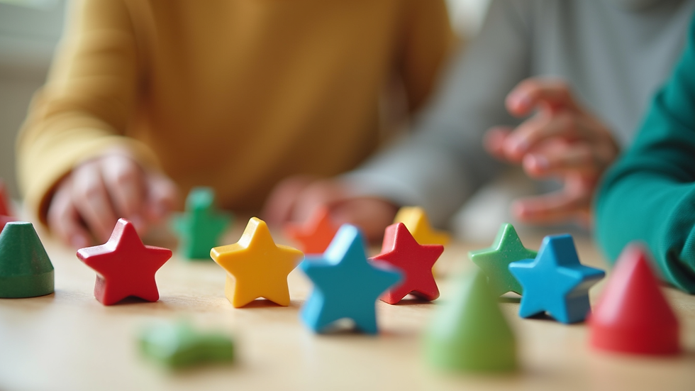 Close-up view of a colorful social skills activity setup