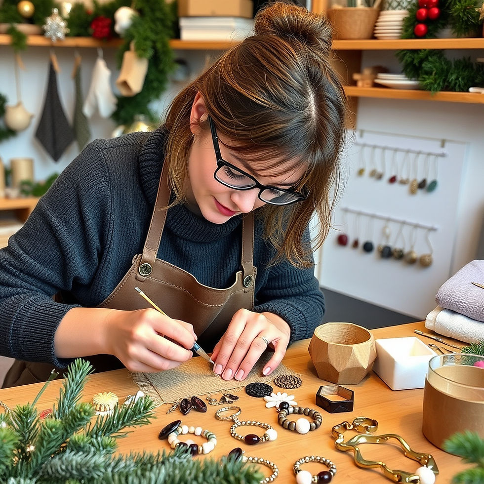 Créatrice artisanale préparant son stock de créations pour Noël