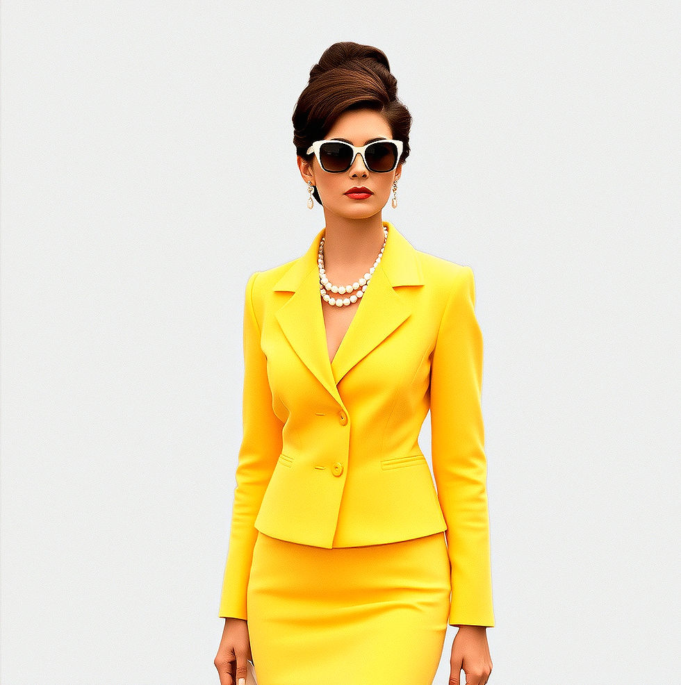 Woman in luxury skirt suit designed by Vivien Lauren