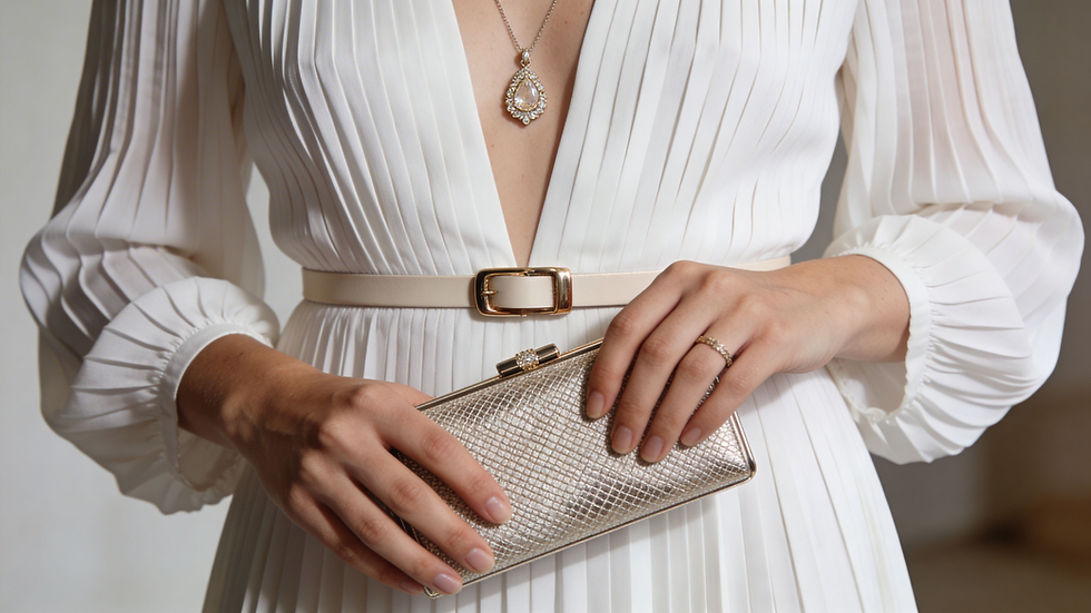A woman in a white pleated dress wearing a gold pendant necklace and holding a metallic clutch.