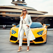 Lady models trouser suit by Vivien Lauren - with yacht and luxury sports car in the background