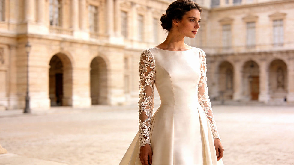 A woman wearing an elegant white wedding gown with intricate lace sleeves standing in a historic courtyard.