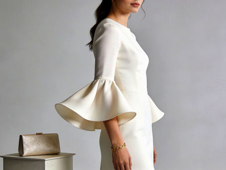 Model wearing a flute sleeved dress with clutch bag by Vivien Lauren