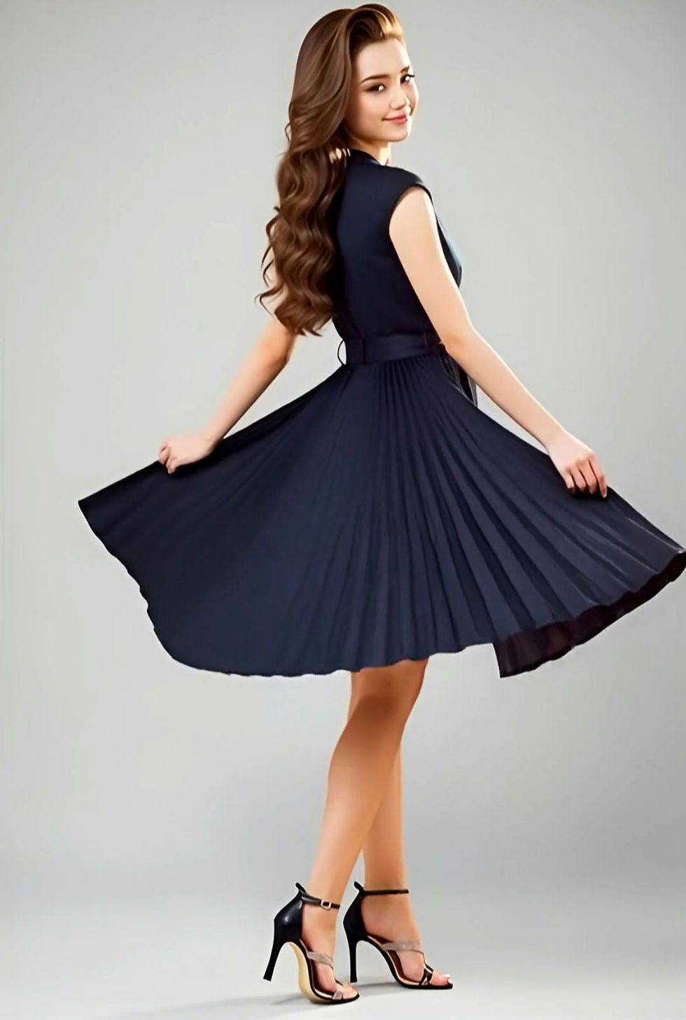 Model wearing The little black dress in pleated midi A line design by Vivien Lauren