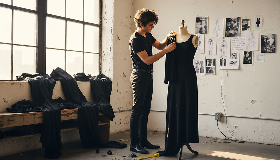 Designer pinning fabric onto lined black dress mannequin