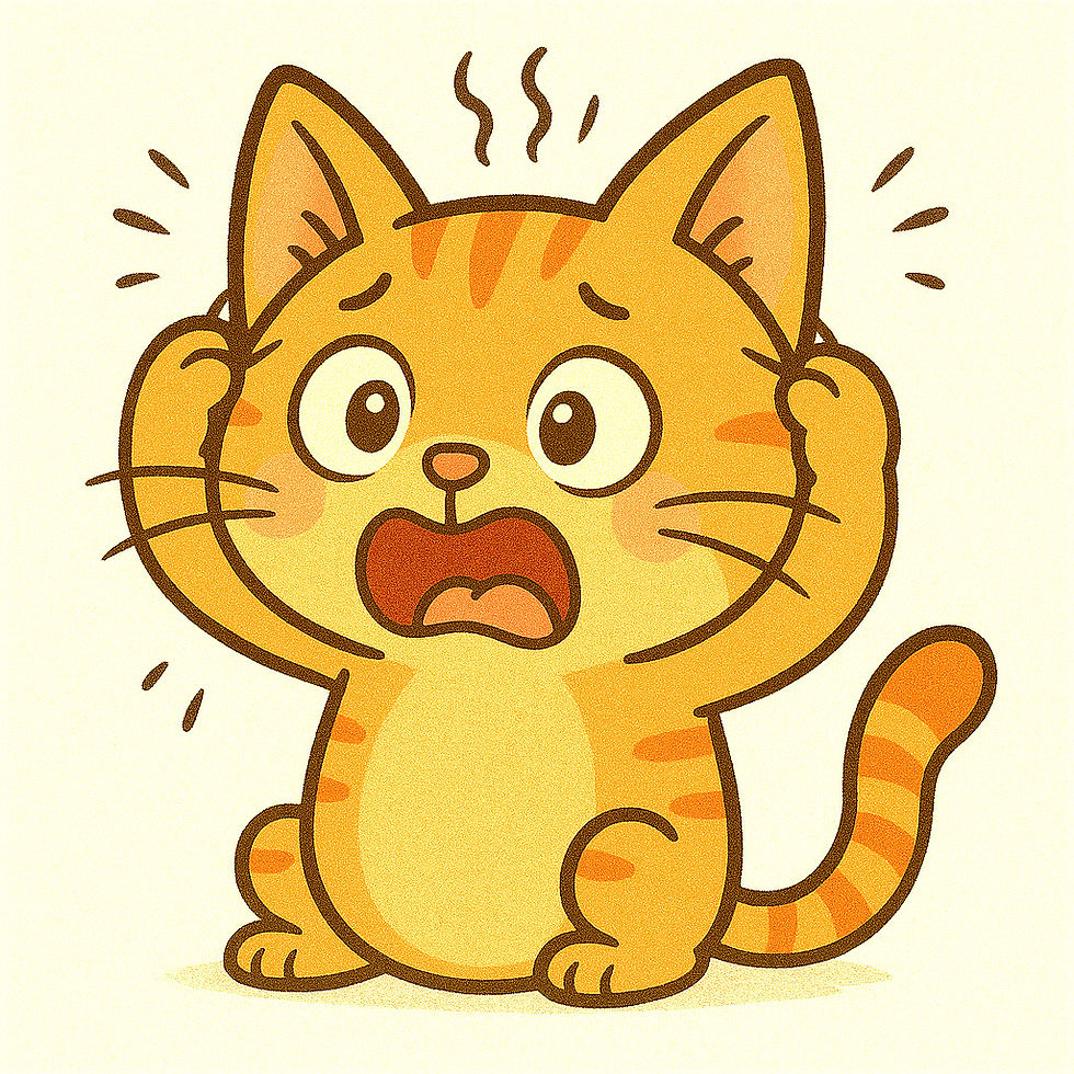 Cartoon orange cat with wide eyes and mouth open in surprise, paws on cheeks, against a beige background. Expressive, startled mood.