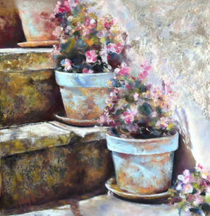 Begonias et pots bleus, 50x50cm. Ghislaine Fabre.jpeg