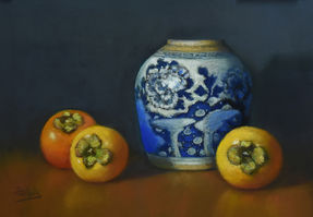 Dorothea Schulz PGE, Chinese urn and persimmons, 9x12_
