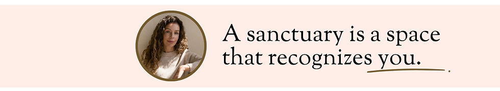 Portrait of a curly-haired woman beside text, A sanctuary is a space that recognizes you, on a soft pink background.