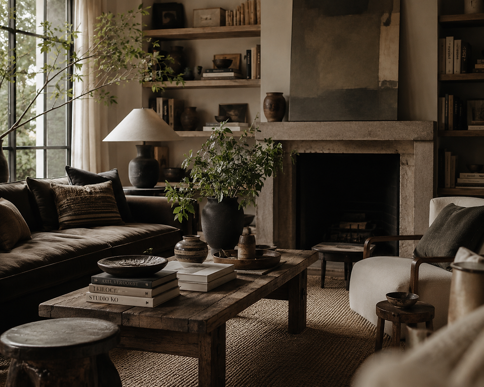 Cozy rustic living room with stone fireplace, wood table, plants, and books labeled AXEL VEROORDT, TRILOCY, and STUDIO KO.