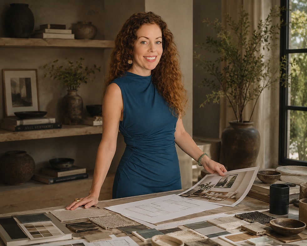 Smiling woman in a blue dress reviews design plans and fabric samples in a warm, modern room with shelves, vases, and plants.